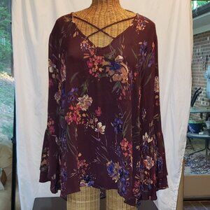 NWT Ladies PINK BLUSH Long Sleeve Tunic w/CrissCross Neck in Burgundy - 2X